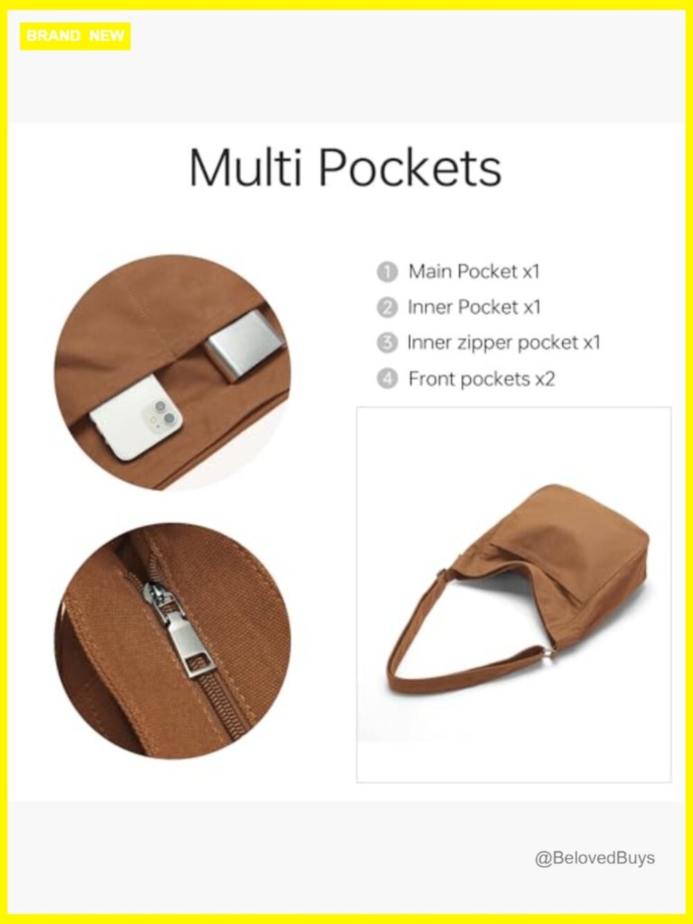 Large Canvas Hobo Crossbody Tote Bag with Zipper Multi-Pocket Design - Picture 5 of 6